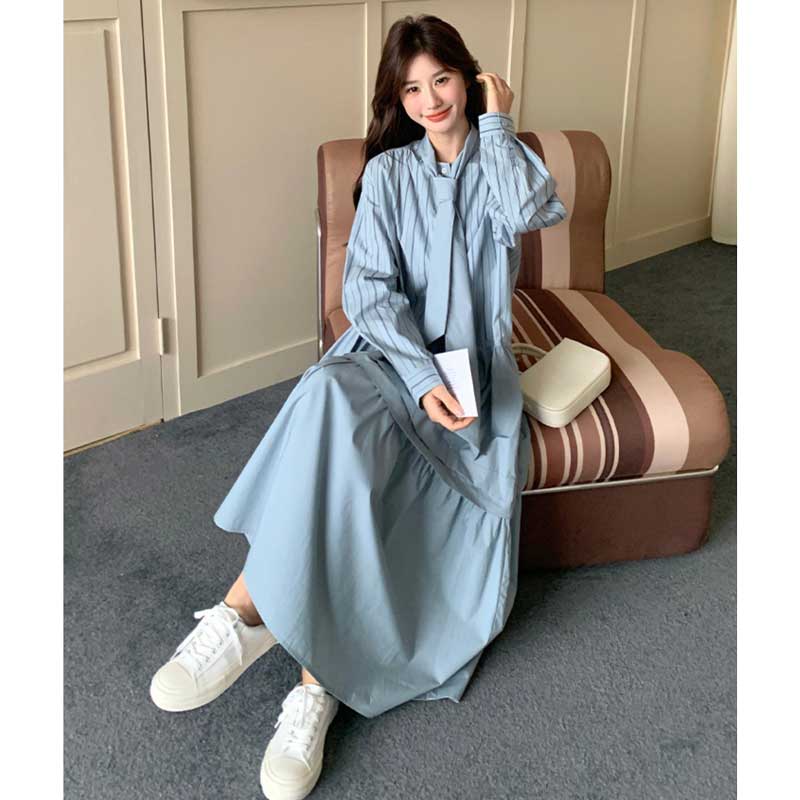 リボンタイストライプシャツワンピース（青）秋 爽やかなブルーワンピ