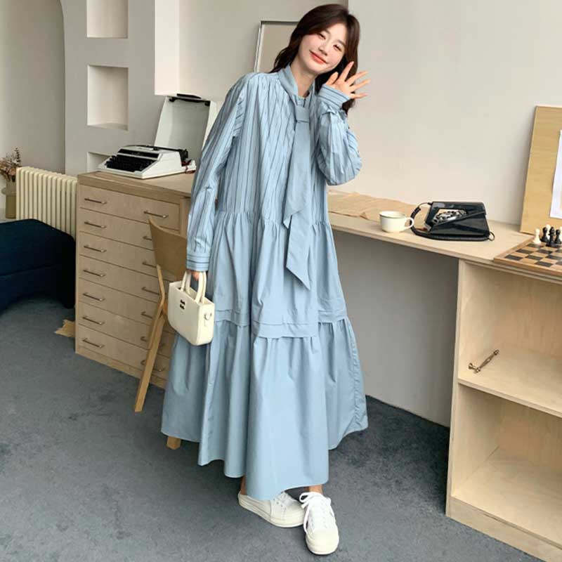 リボンタイストライプシャツワンピース