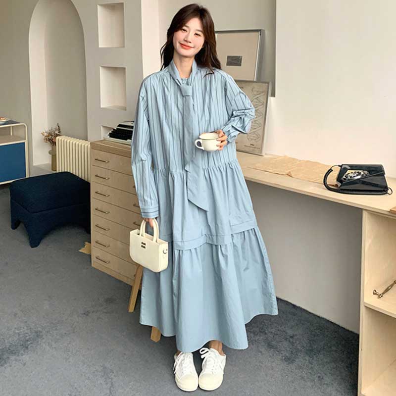 リボンタイストライプシャツワンピース