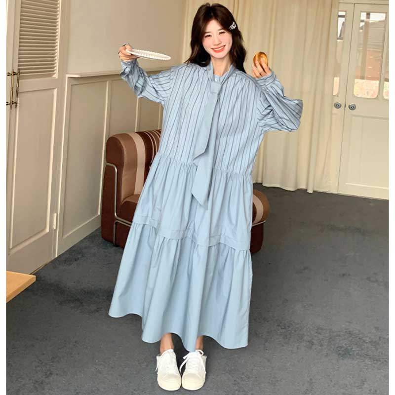 リボンタイストライプシャツワンピース