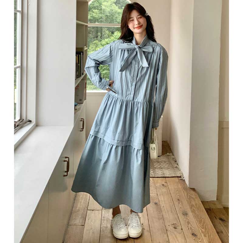 リボンタイストライプシャツワンピース