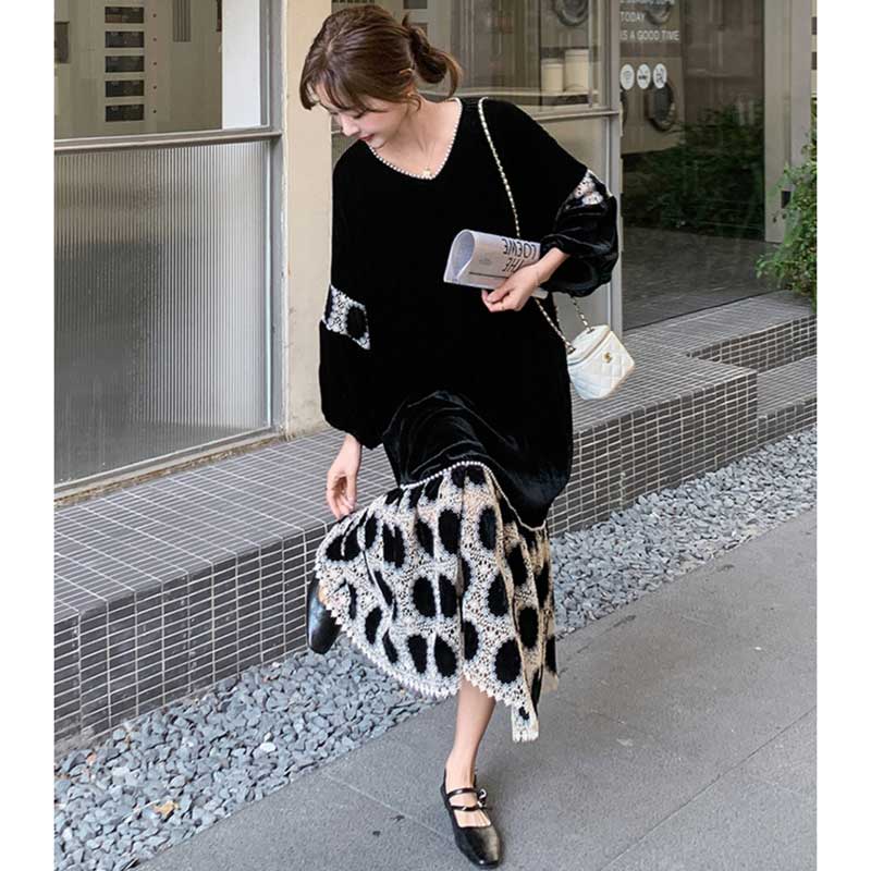 【即納】裾フレアベロアワンピース