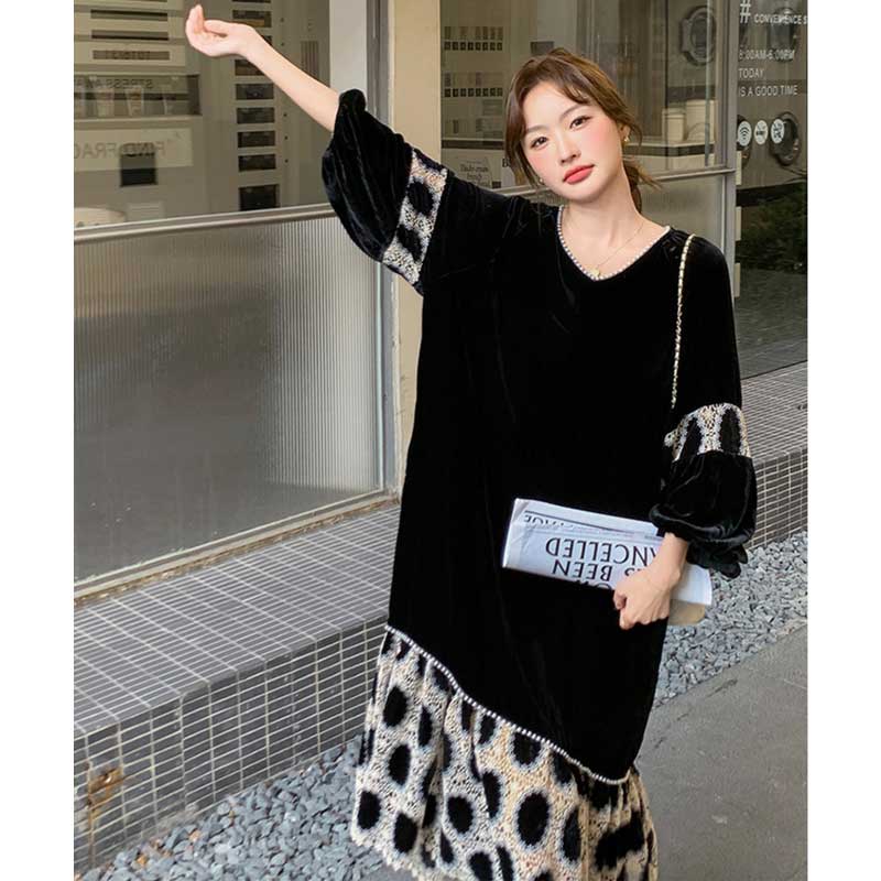 【即納】裾フレアベロアワンピース