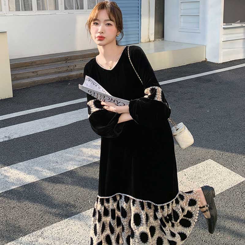 【即納】裾フレアベロアワンピース