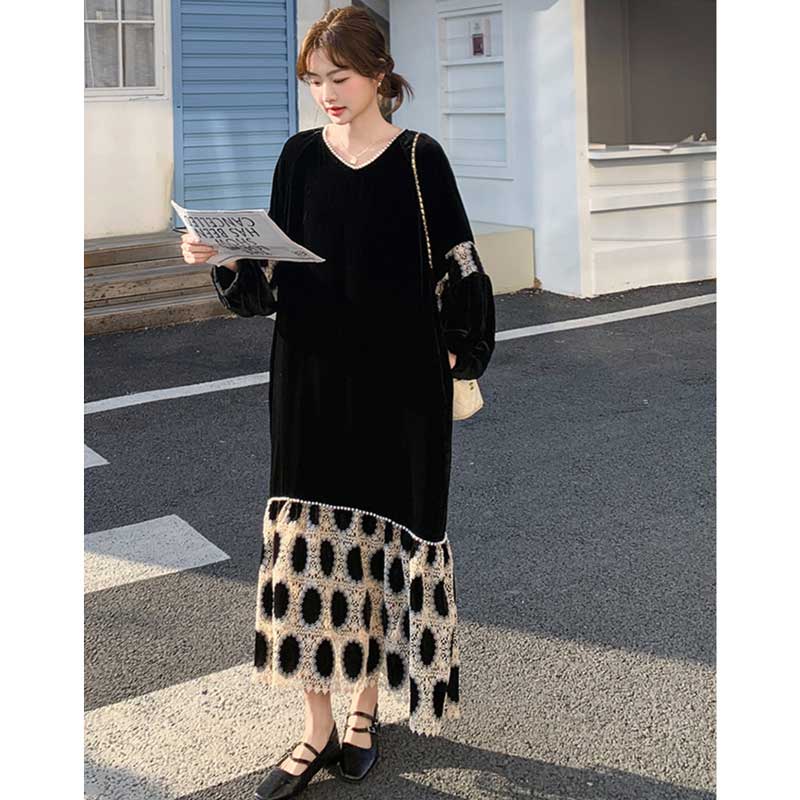 【即納】裾フレアベロアワンピース