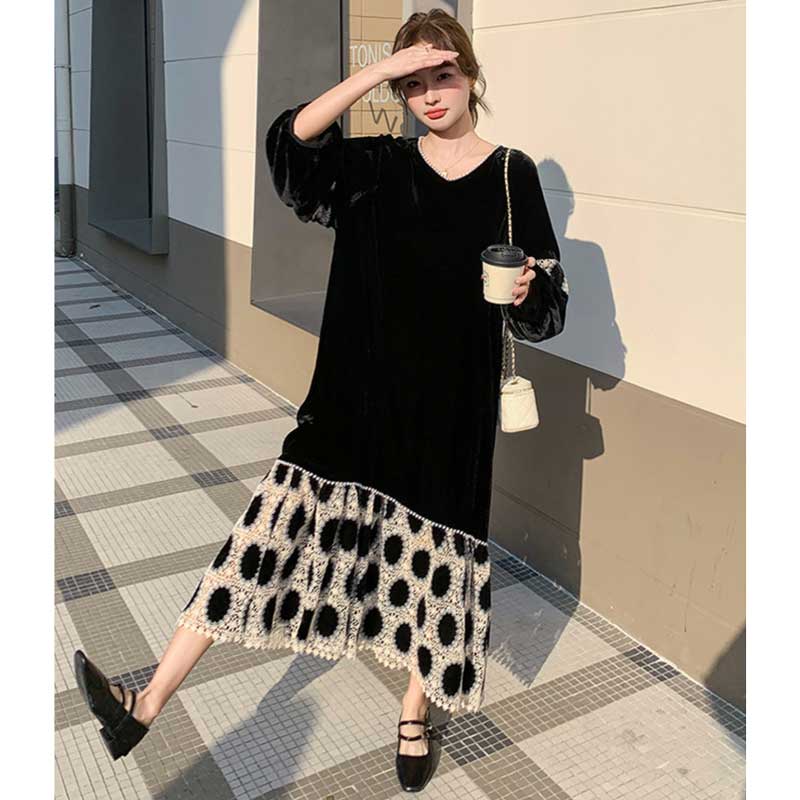 【即納】裾フレアベロアワンピース