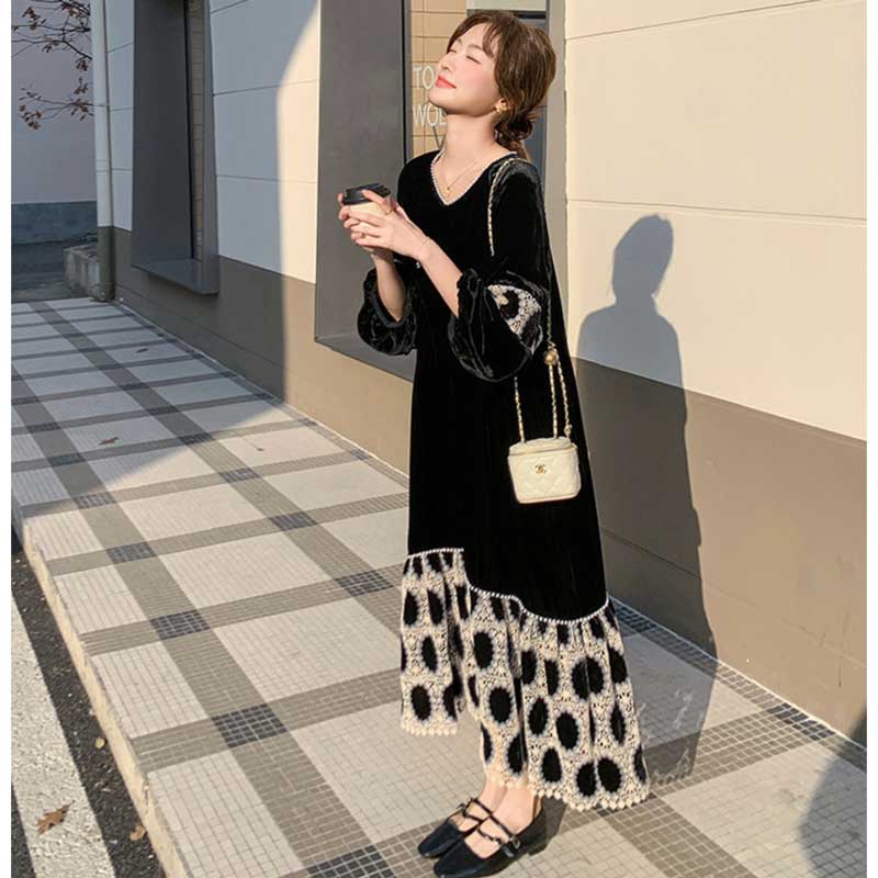 【即納】裾フレアベロアワンピース