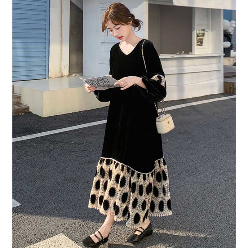 【即納】裾フレアベロアワンピース