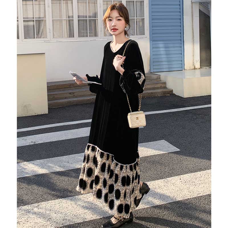 【即納】裾フレアベロアワンピース