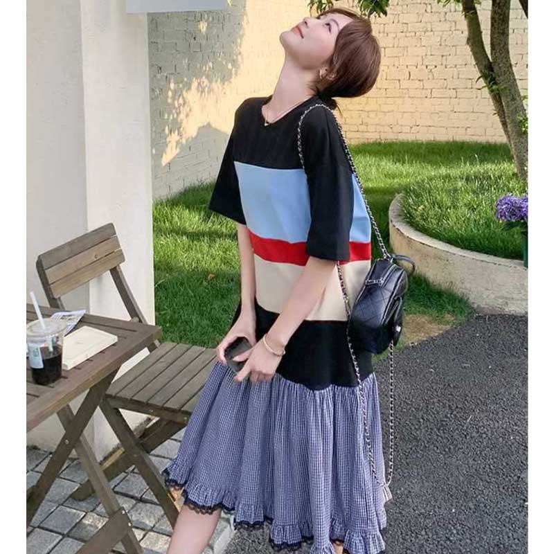 ボーダーカットソー切り替えワンピース