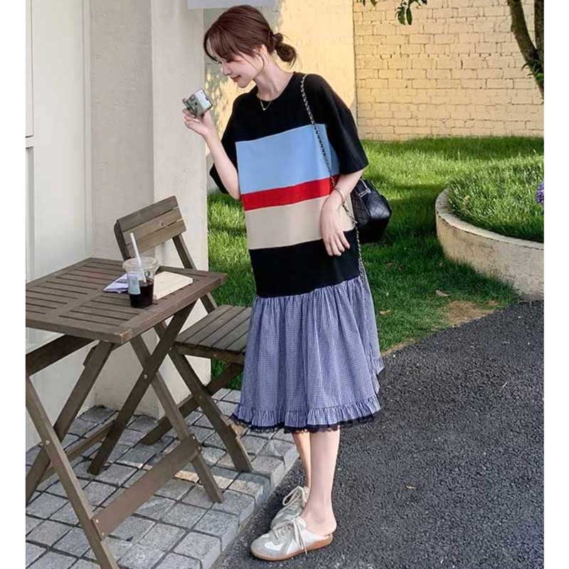 ボーダーカットソー切り替えワンピース
