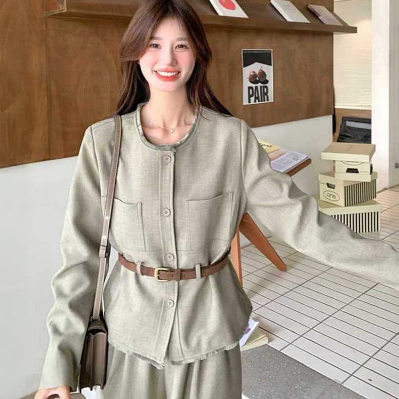 クルセイダーズ　セットアップ ベルト付きジャケット×ガウチョパンツ（灰）秋/冬 セットアップでこなれ感