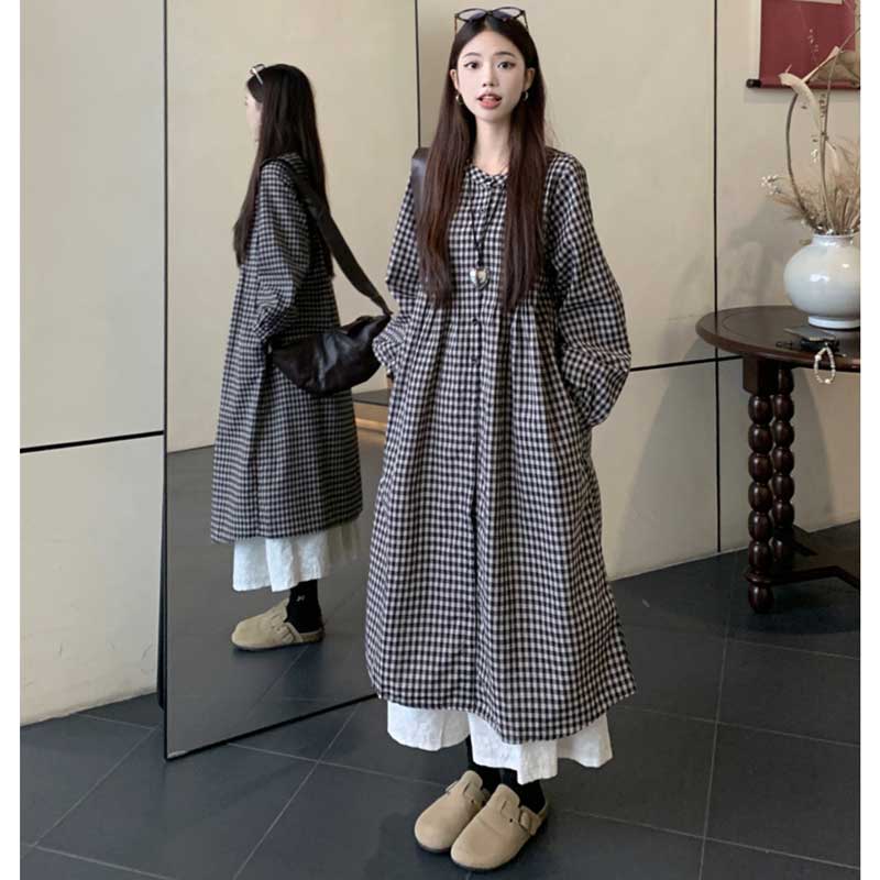チェック柄ロングシャツワンピース