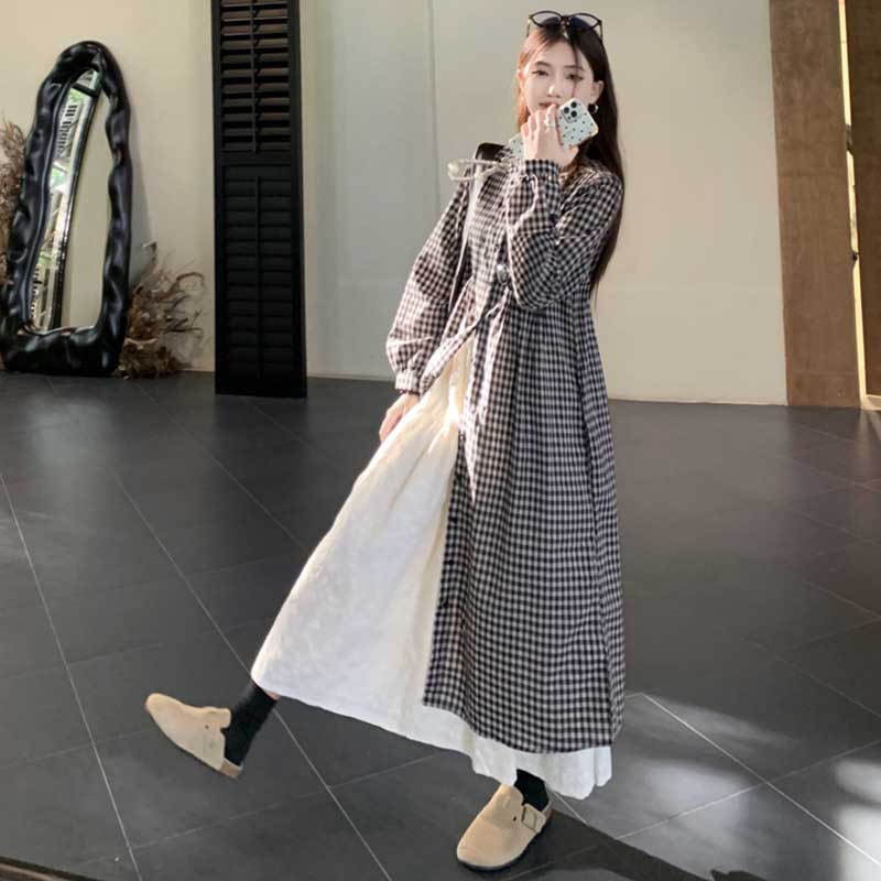 チェック柄ロングシャツワンピース