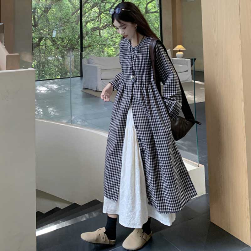 チェック柄ロングシャツワンピース