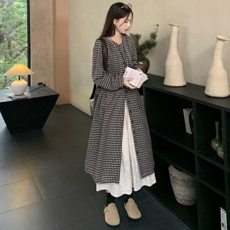 チェック柄ロングシャツワンピース