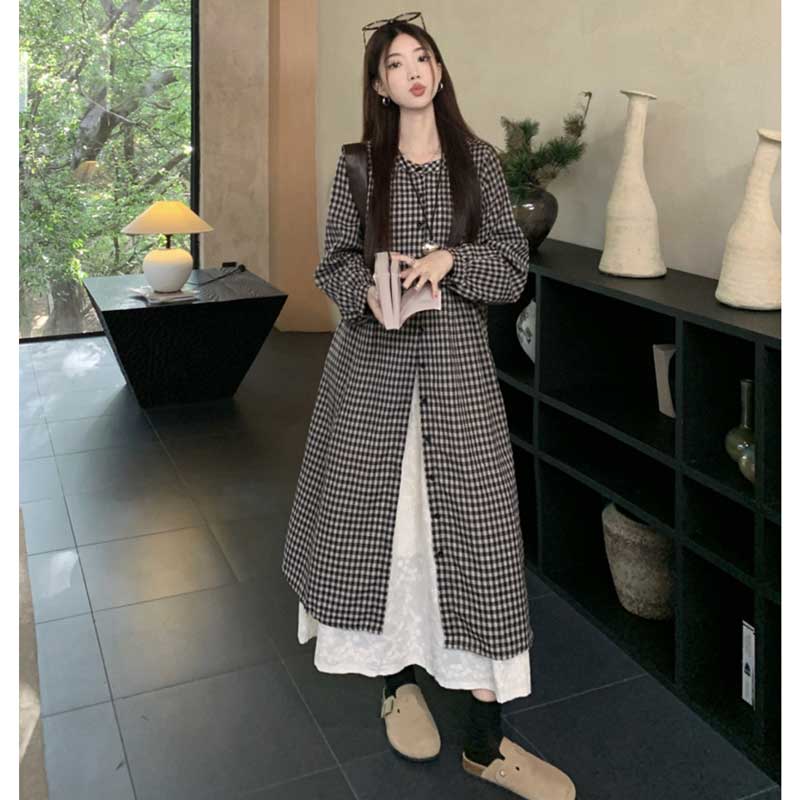 チェック柄ロングシャツワンピース