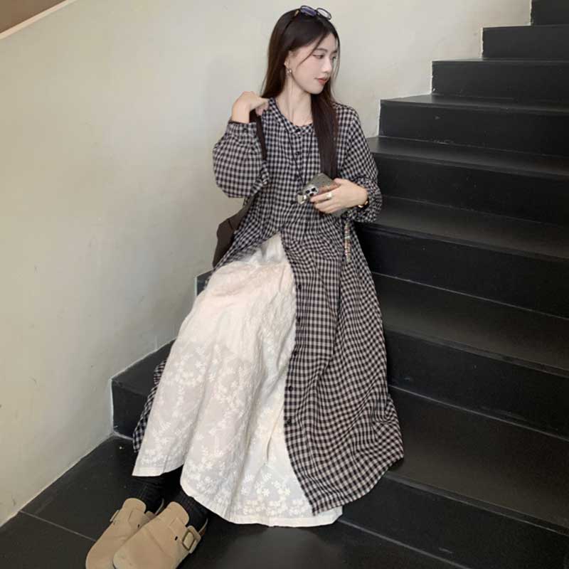 チェック柄ロングシャツワンピース