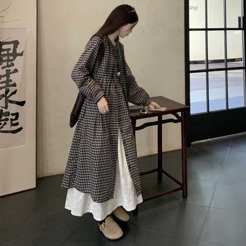 チェック柄ロングシャツワンピース