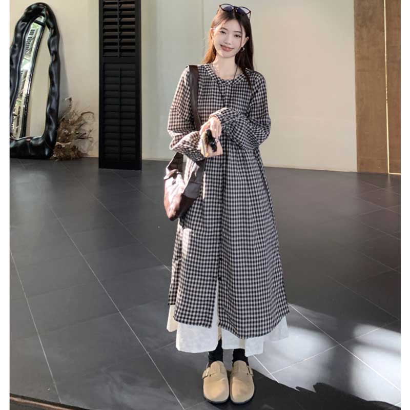 チェック柄ロングシャツワンピース