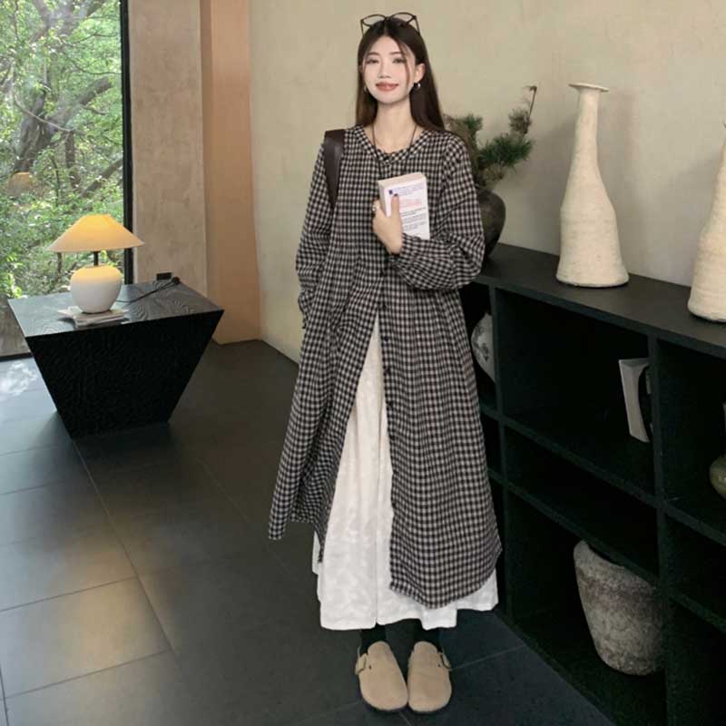 チェック柄ロングシャツワンピース