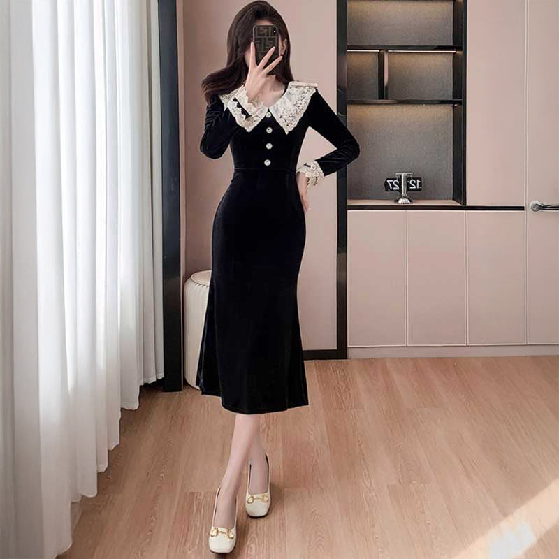 レースカラーベロアワンピース