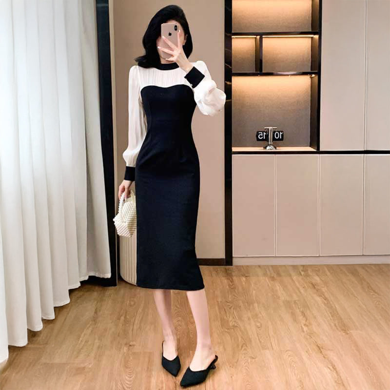 モノトーン切り替えタイトワンピース