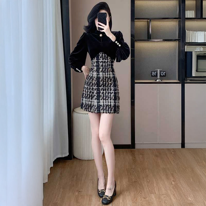 ベロア切替ツイードワンピース