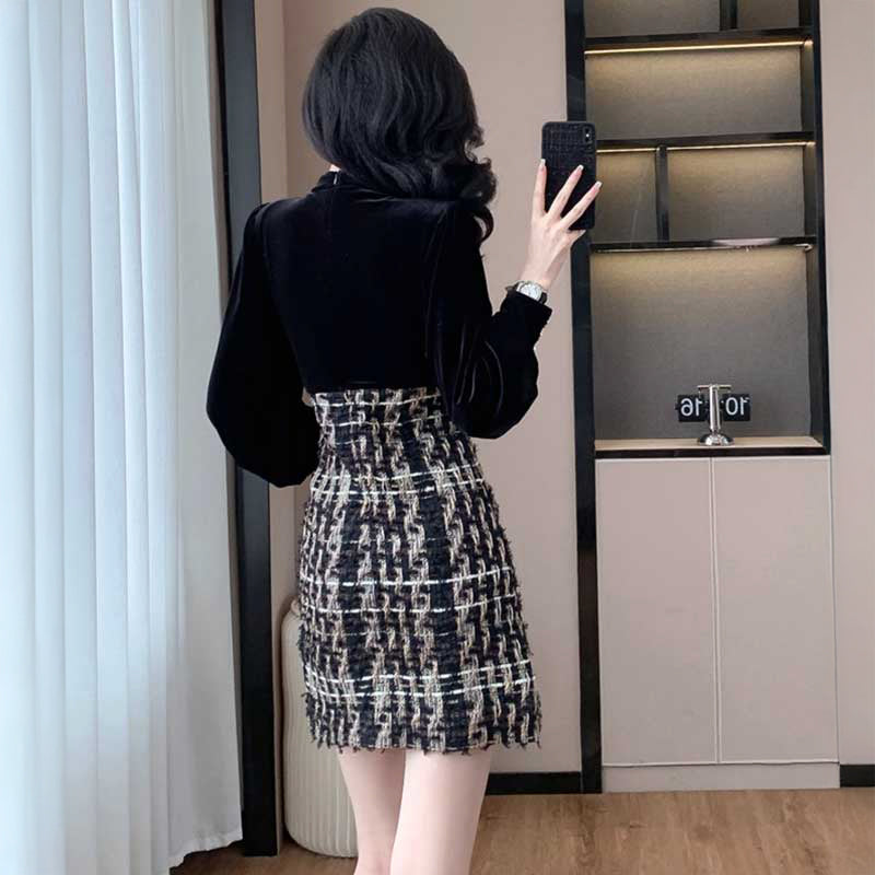 ベロア切替ツイードワンピース