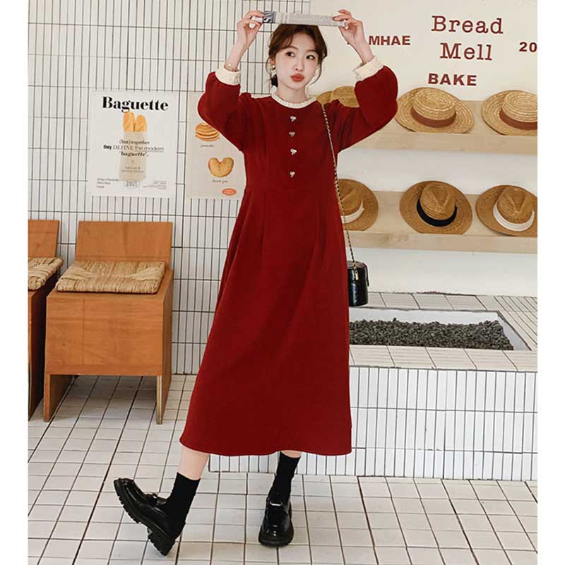 レトロラウンドネックワンピース（赤）秋/冬 レディライクなムードの
