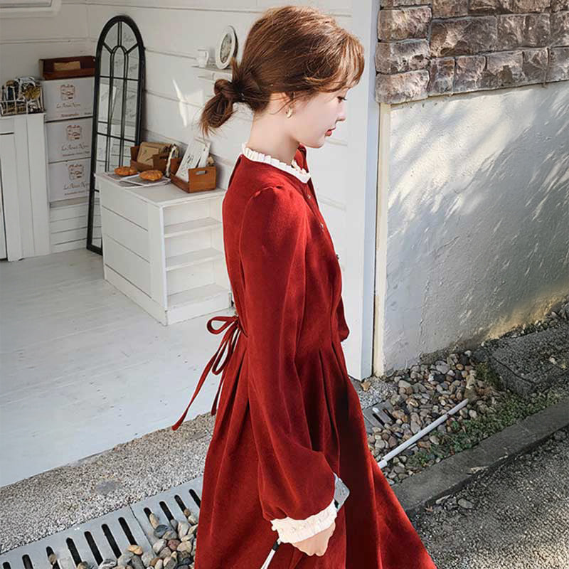 レトロラウンドネックワンピース（赤）秋/冬 レディライクなムードの