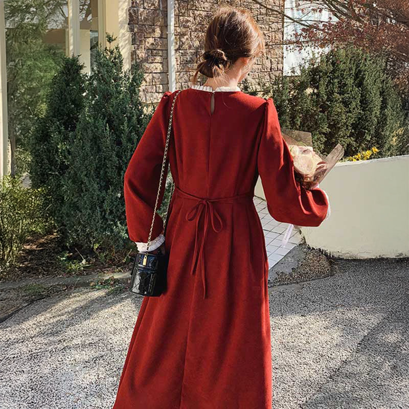 レトロラウンドネックワンピース（赤）秋/冬 レディライクなムードの