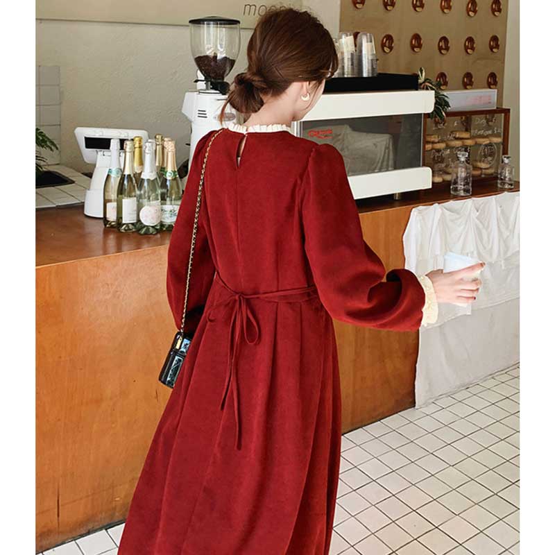 レトロラウンドネックワンピース（赤）秋/冬 レディライクなムードの