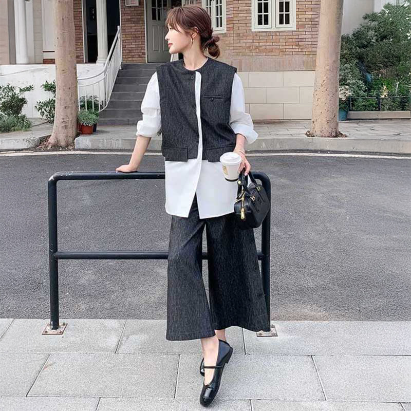 レイヤード風ブラウス×ワイドクロップドパンツ