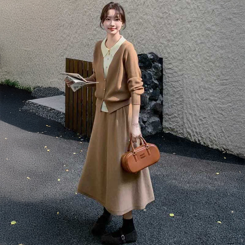 フェイクレイヤードカーディガン×フレアスカート(2colors)