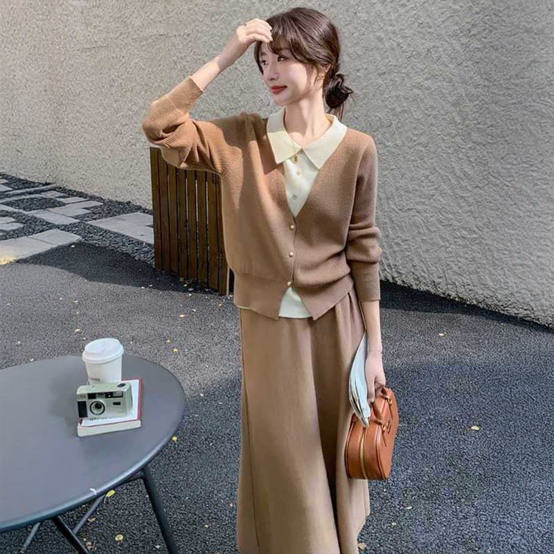 フェイクレイヤードカーディガン×フレアスカート(2colors)