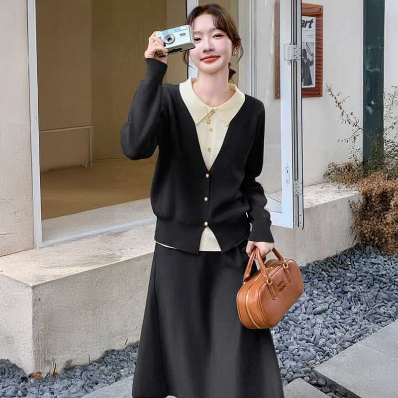 フェイクレイヤードカーディガン×フレアスカート(2colors)