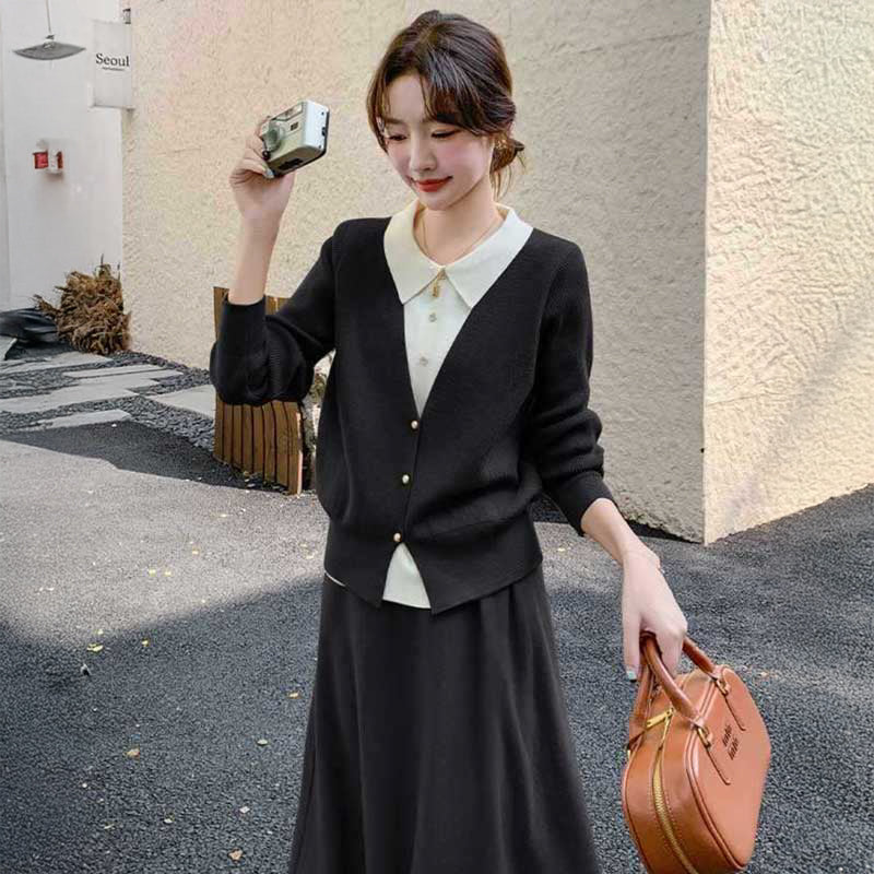 フェイクレイヤードカーディガン×フレアスカート(2colors)