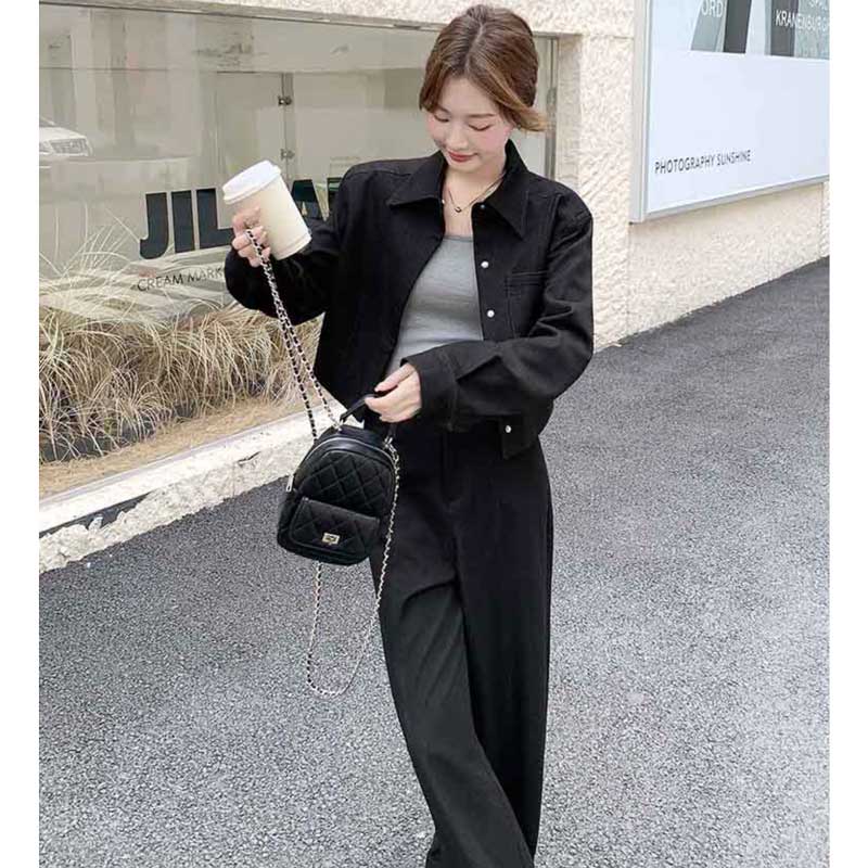 ショート丈ジャケット×ハイウエストパンツ（黒）秋/冬 美脚効果抜群の