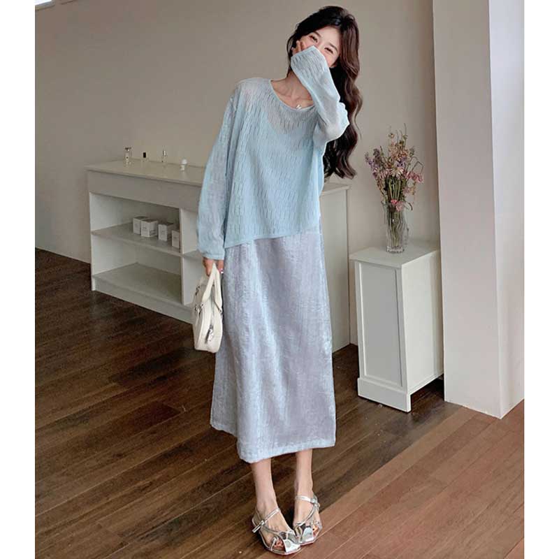 シアーニット×シャイニーキャミワンピース