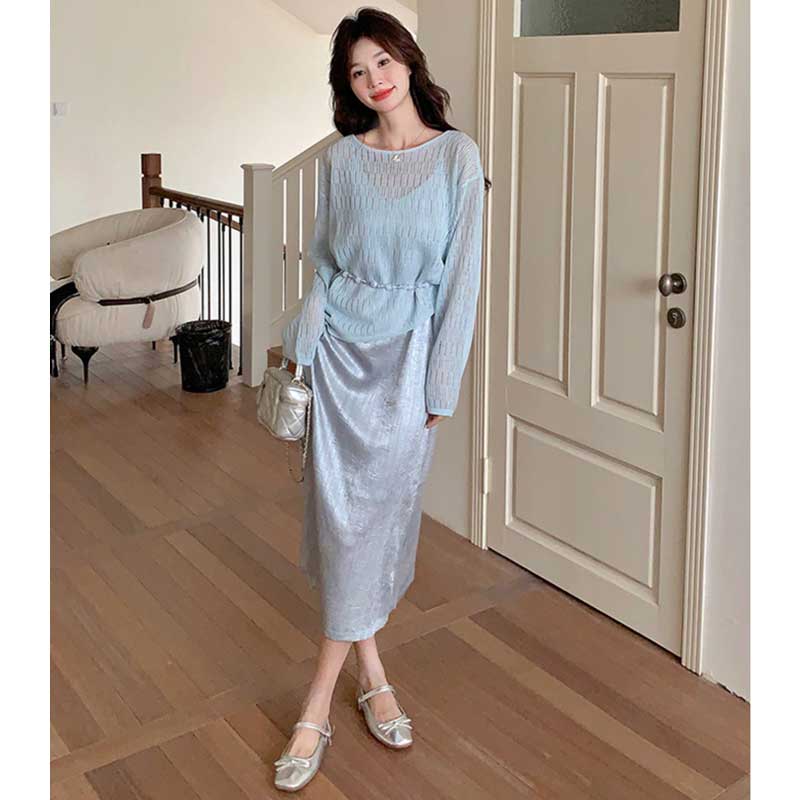 シアーニット×シャイニーキャミワンピース