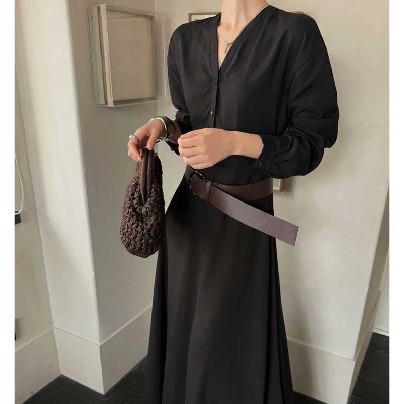 ベルト付きVネックフレアワンピース(2colors)（黒・茶）大人の