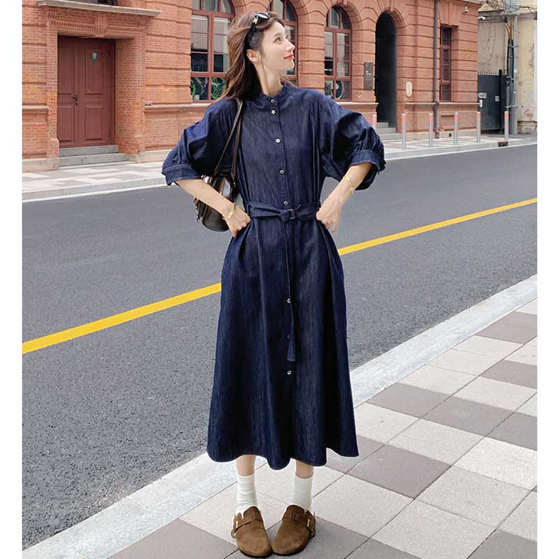 ノーカラーロングデニムワンピース