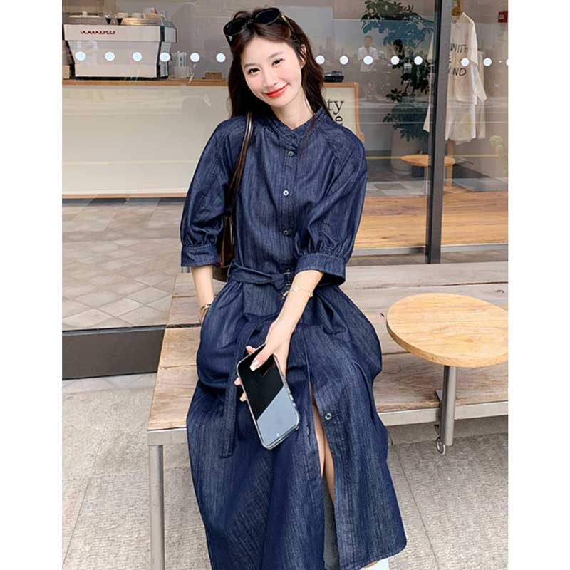 ノーカラーロングデニムワンピース