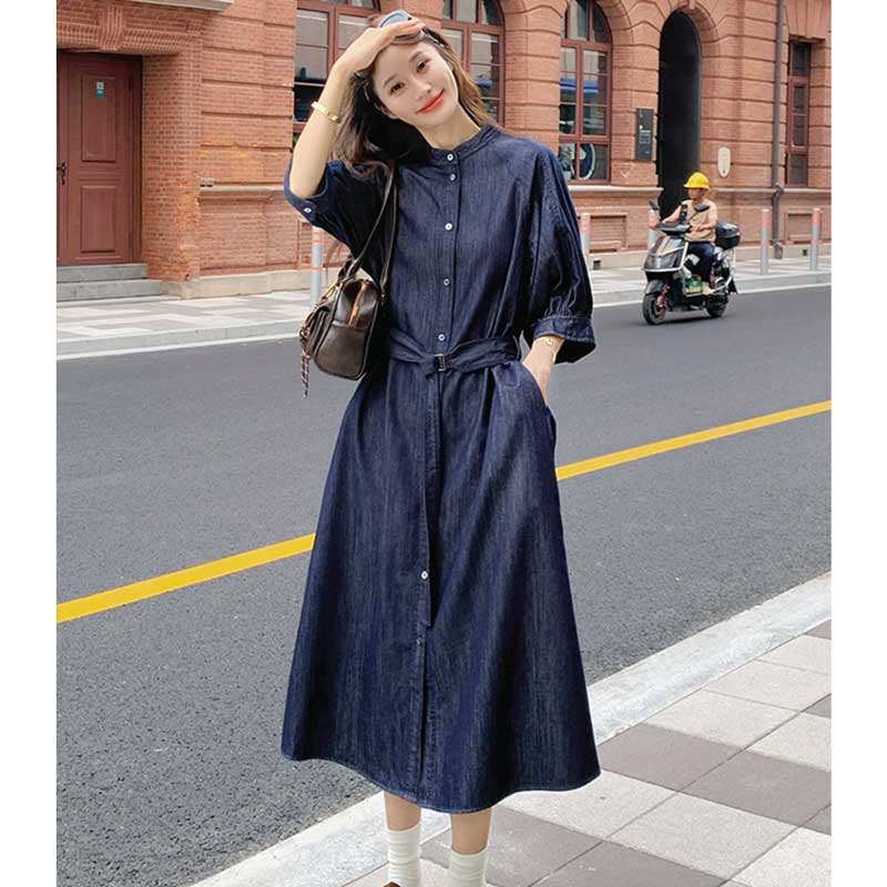 ノーカラーロングデニムワンピース