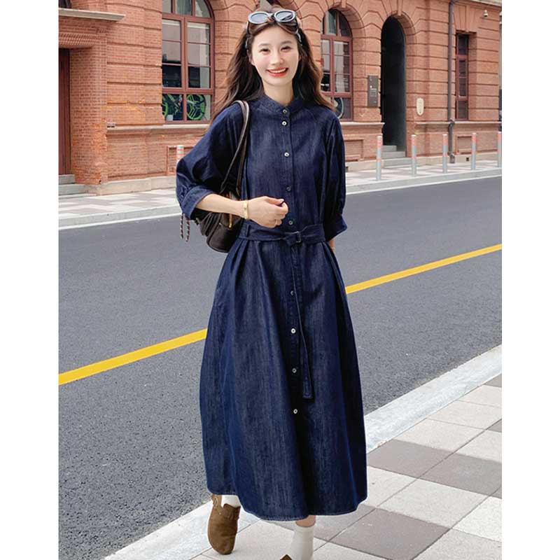 ノーカラーロングデニムワンピース