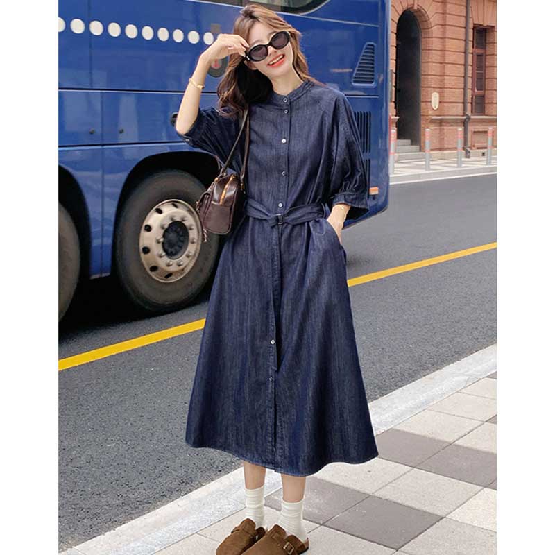 ノーカラーロングデニムワンピース