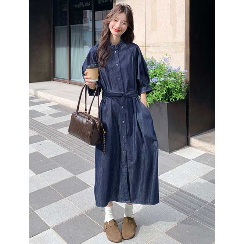 ノーカラーロングデニムワンピース