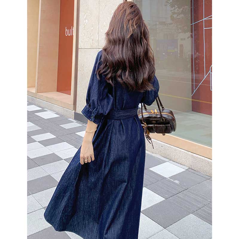 ノーカラーロングデニムワンピース