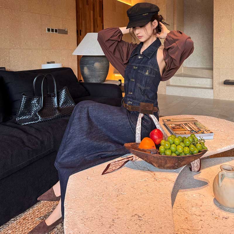 ホルターネックデニムマキシワンピース